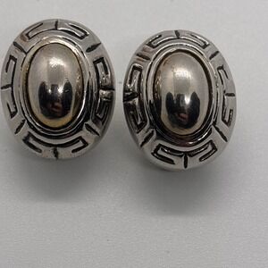 Vintage Silver Tone Oval Pierced Earrings Geometric Etched Design Bold